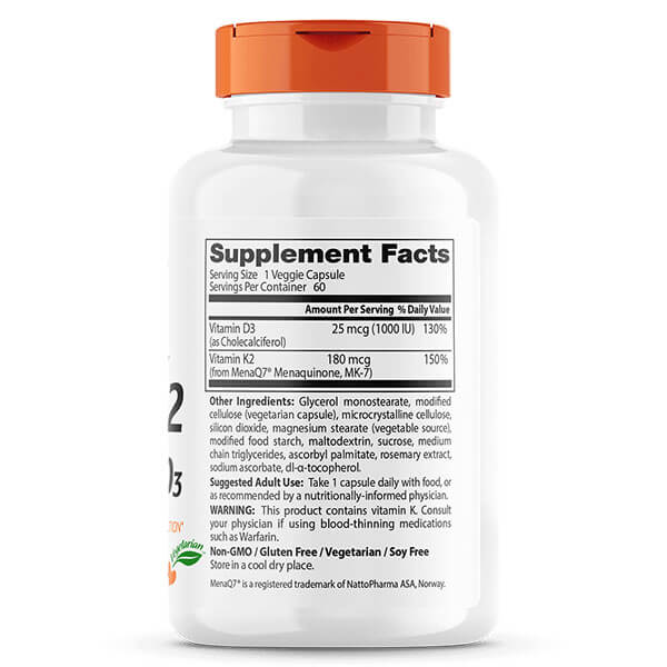 Doctor's Best Natural Vitamin K2 MK-7 with MenaQ7 Plus D3 60 Veggie Caps - Image 2