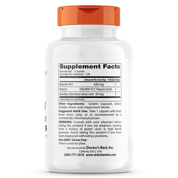 Doctor's Best Betaine HCL Pepsin and Gentian Bitters 120 Capsules - Image 2