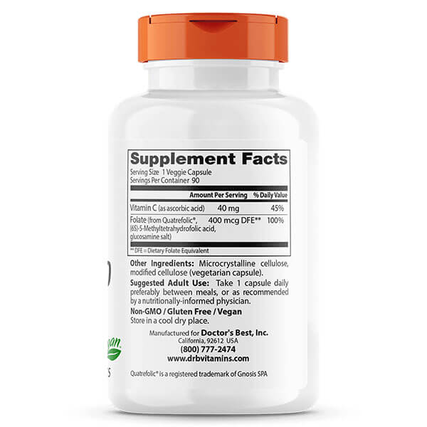Doctor's Best Fully Active Folate 400mcg 90 Caps ( Fully Active Folate with Quatrefolic® (400mcg DFE) ) - Image 2