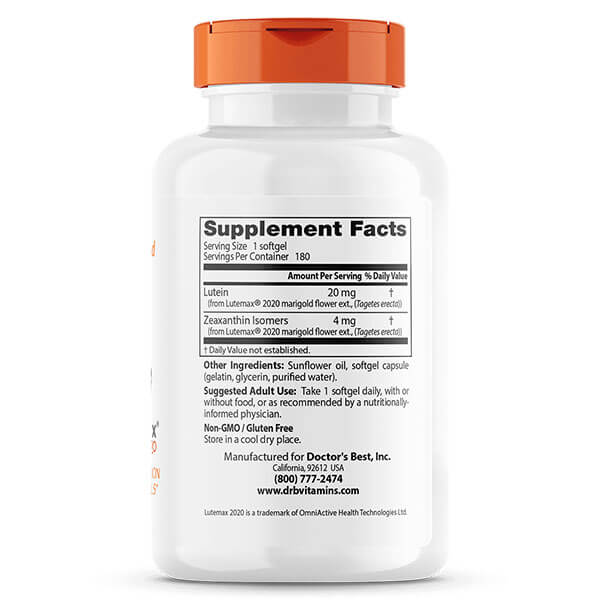Doctor's Best Lutein Featuring Lutemax 20mg 180 Softgels - Image 2
