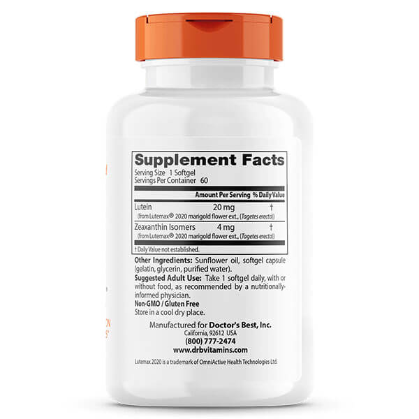 Doctor's Best Lutein Featuring Lutemax 20mg 60 Softgels - Image 2