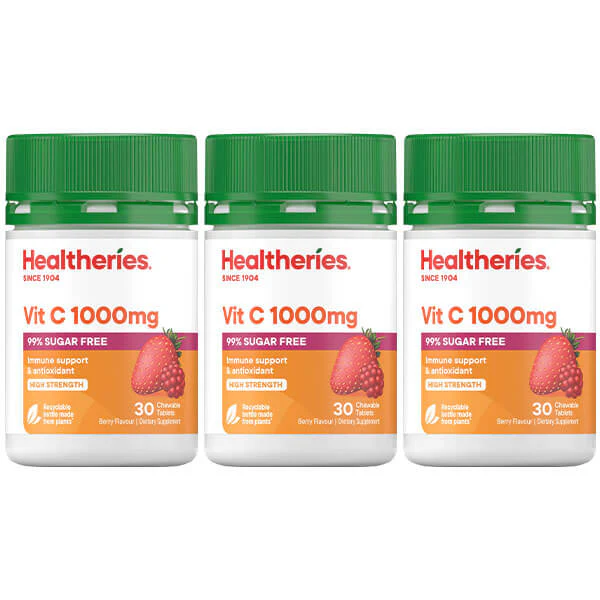 Healtheries Berry Vit C 1000mg 30 Chewable Tablets x3 (3x Bottles)