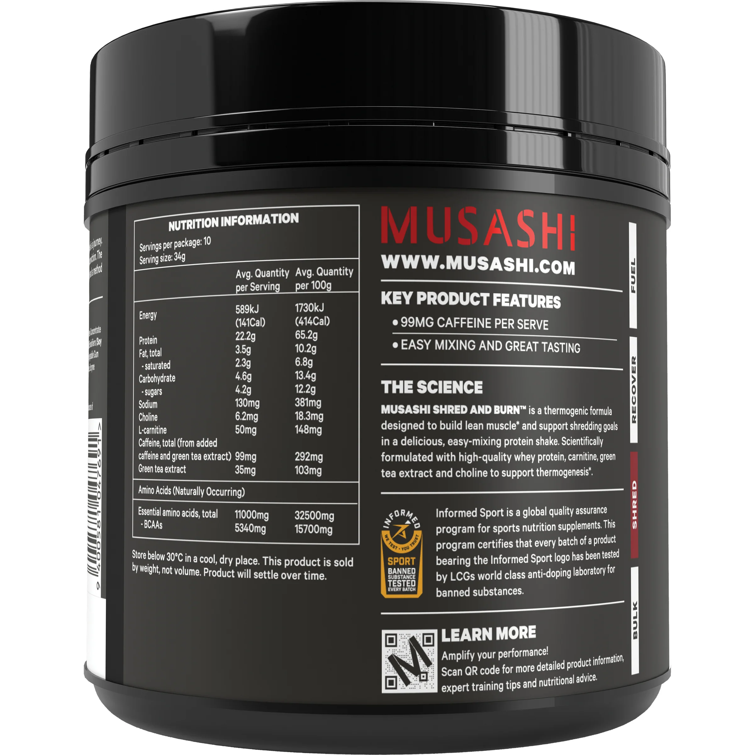 Musashi Shred & Burn Protein 340g - Image 3