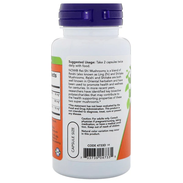 Now Foods Rei-Shi Mushrooms 270mg 100 Veggie Caps - Image 2
